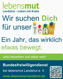 Recruitment poster for Lebensmut Landshut: 'Wir suchen Dich für unser Team' with colorful cutout letters forming 'Team'; green and blue text and a QR code on the right.